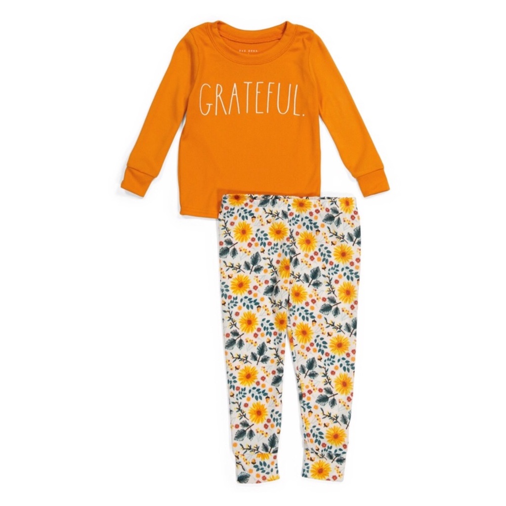Rae Dunn NWT Grateful Sunflower Leggings Pajama Set Girls 6 Repaired